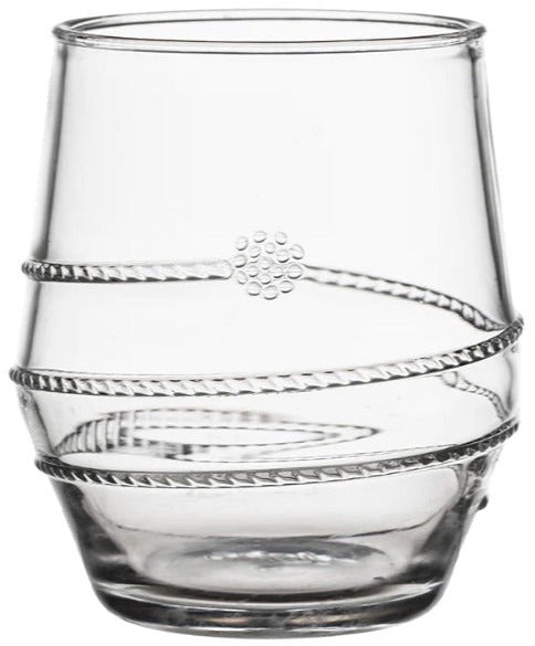 The Amalia Clear Acrylic Drinkware Collection by Juliska features a stemless tumbler with a spiraled, textured exterior and a cluster of raised dots near the center.