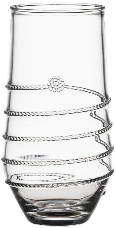 The Juliska Amalia Clear Acrylic Drinkware Collection features stemless tumblers with a spiral rope design, perfect for stylish and durable acrylic drinkware sets.