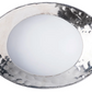The Juliska Puro Napkin Ring is an oval silver-colored aluminum piece with nickel plating, a hammered texture, and a smooth, slightly raised rim.