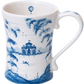 The Juliska Country Estate Delft Blue Dinnerware Collection features a white ceramic mug adorned with a blue pastoral scene—trees, a stable, buildings, a boat on water, and a hot air balloon—perfect for lovers of quiet adventure.
