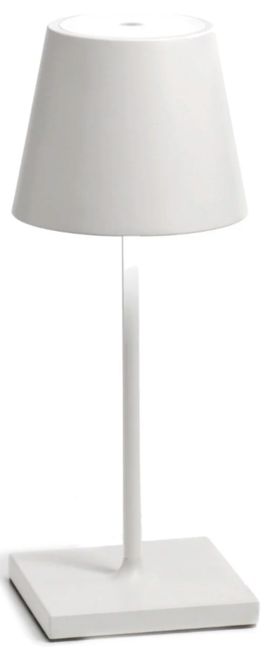 The Poldina Pro Mini Table Lamp Collection by Zafferano America features a modern white design with a square base, slim vertical stem, and conical shade, providing cordless lighting for versatile use indoors or outdoors.