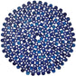 The Kim Seybert Bamboo Round Placemat features interlinked dark and light blue discs in a geometric design, perfect for formal tablescapes or bringing charm to your outdoor table décor.