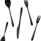 The Blue Pheasant Alba Black 5 Piece Flatware Set is displayed on a white background, featuring two forks, two spoons, and one knife. Matte black stainless steel. Dishwasher safe for easy cleaning.