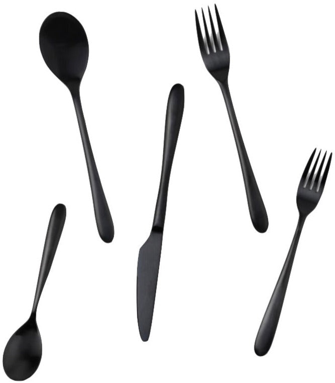 The Blue Pheasant Alba Black 5 Piece Flatware Set is displayed on a white background, featuring two forks, two spoons, and one knife. Matte black stainless steel. Dishwasher safe for easy cleaning.