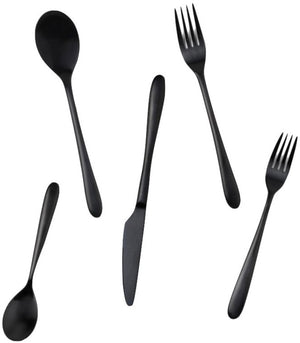 The Blue Pheasant Alba Black 5 Piece Flatware Set is displayed on a white background, featuring two forks, two spoons, and one knife. Matte black stainless steel. Dishwasher safe for easy cleaning.