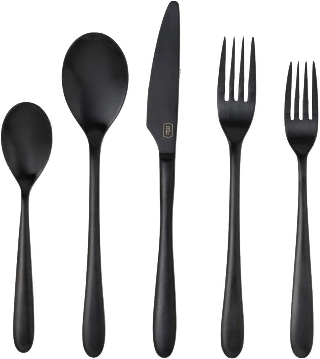 The Alba Black 5 Piece Flatware Set by Blue Pheasant—matte black, dishwasher-safe stainless steel utensils—is arranged side by side on a white background.