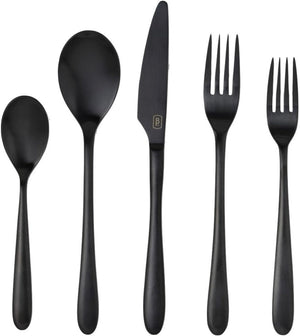 The Alba Black 5 Piece Flatware Set by Blue Pheasant—matte black, dishwasher-safe stainless steel utensils—is arranged side by side on a white background.