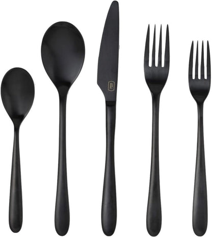 The Alba Black 5 Piece Flatware Set by Blue Pheasant—matte black, dishwasher-safe stainless steel utensils—is arranged side by side on a white background.
