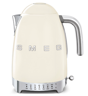Retro-style cream Smeg Variable Temperature Kettle Collection with LED temperature display.