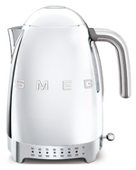 The Smeg Variable Temperature Kettle Collection features retro style, stainless steel construction, a chrome handle, and adjustable temperature control—ideal for tea lovers. Pictured on a white background.