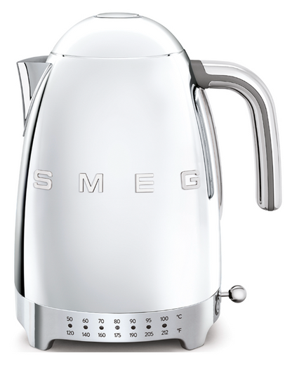 The Smeg Variable Temperature Kettle Collection features retro style, stainless steel construction, a chrome handle, and adjustable temperature control—ideal for tea lovers. Pictured on a white background.