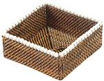 The Calaisio Cocktail Napkin Holder Collection features a square woven design with a checkered brown pattern and white beaded rim, adding eco-chic style to any setting.