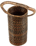 The Calaisio Rattan Wine Collection features a cylindrical wicker basket with a wide rim and handle in a brown and black checkered pattern—ideal for storing wine accessories or enhancing your décor with artisanal style.