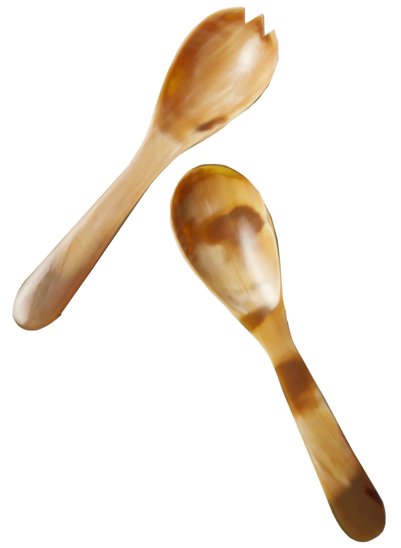 The Be Home Light Horn Medium Serving Set includes two ethically crafted salad servers—one forked, one rounded—made from water buffalo horn and displayed on a white background.