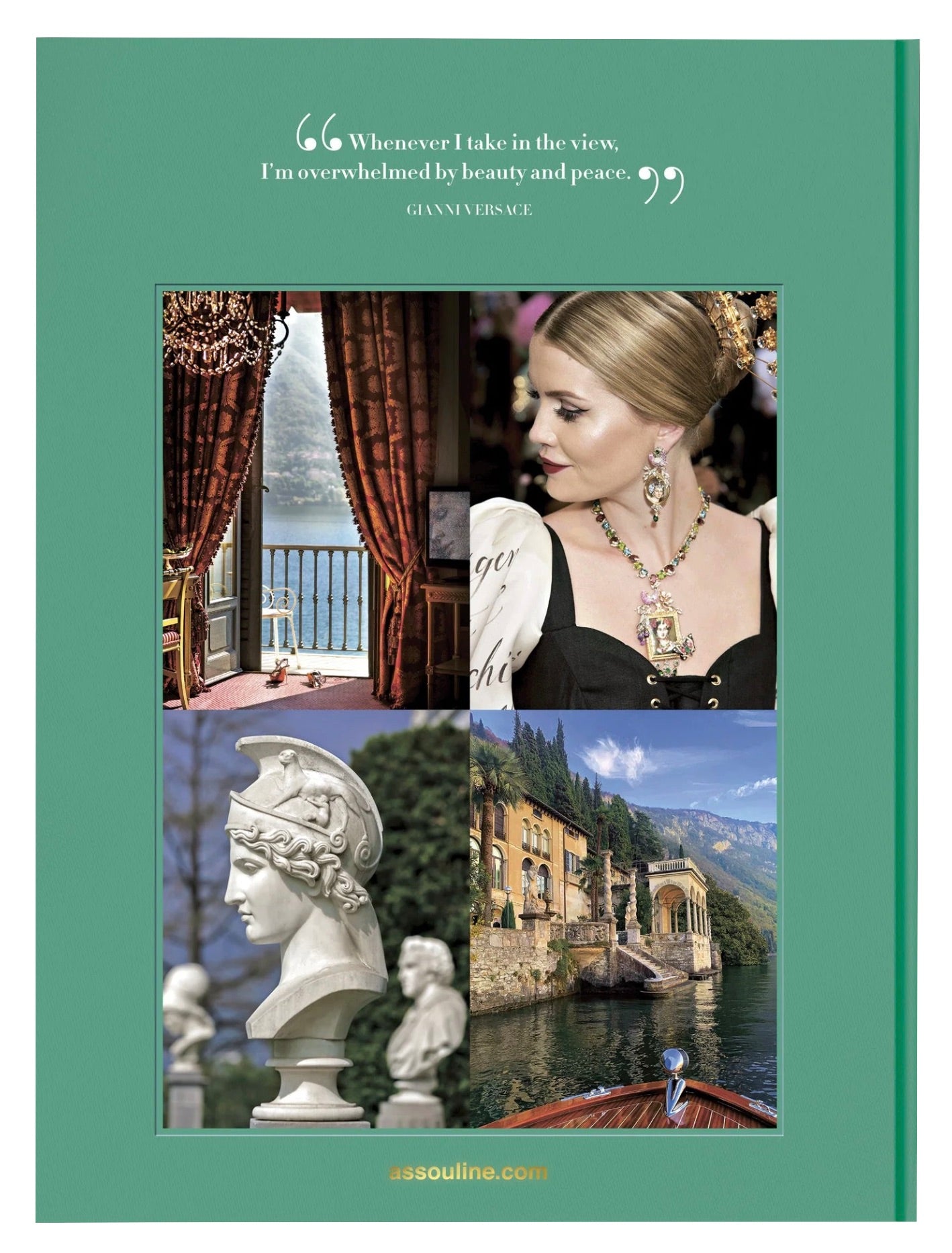 An advertisement layout with a quote at the top, featuring four photographs: a balcony view of a serene Lake Como landscape, a close-up of a woman adorned with jewelry, a white sculpture of a classical Lake Como Idyll by Assouline.