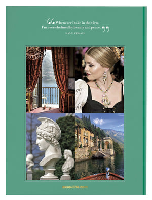 An advertisement layout with a quote at the top, featuring four photographs: a balcony view of a serene Lake Como landscape, a close-up of a woman adorned with jewelry, a white sculpture of a classical Lake Como Idyll by Assouline.