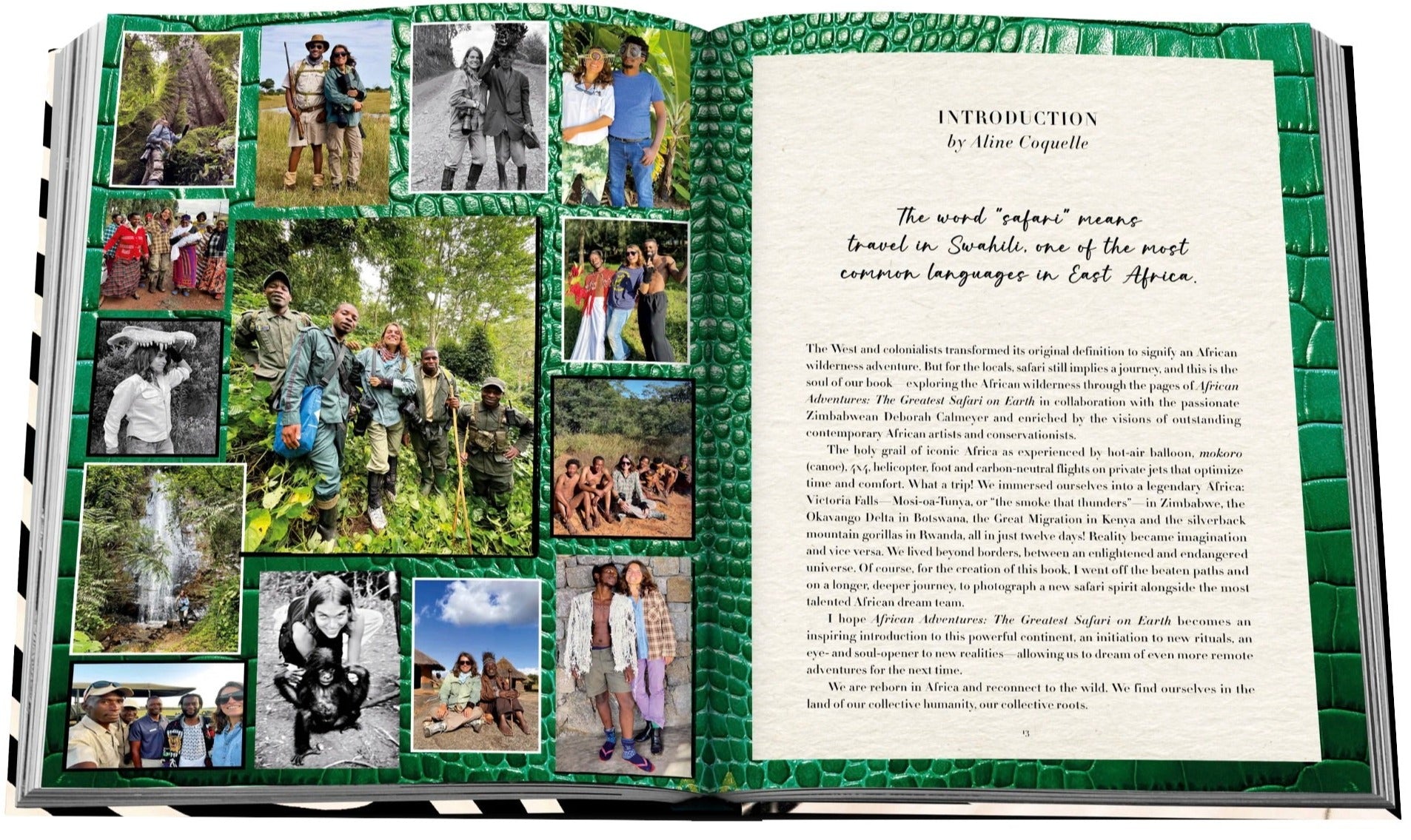 A collage of outdoor adventure photographs displayed on an open Assouline scrapbook with an introduction text on "African Adventures: The Greatest Safari on Earth" travel on the right page.
