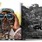 A person using binoculars is observed on the left page of an open book, with an image of a vehicle on a safari during the Great Migration on the right page, accompanied by a quote by Assouline's "African Adventures: The Greatest Safari on Earth.