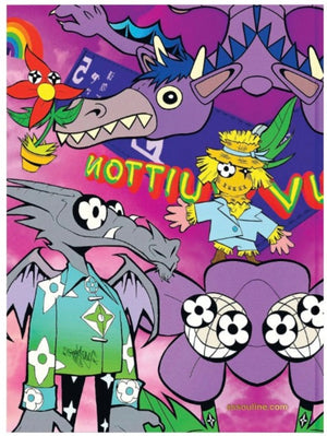 Colorful illustration featuring whimsical cartoon characters and floral patterns with text overlay inspired by Assouline's Louis Vuitton: Virgil Abloh (Classic Cartoon Cover) Collection.