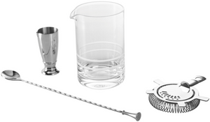 The Fortessa Crafthouse 4-Piece Mixing Glass Set includes a glass mixing beaker, metal jigger, twisted bar spoon, and metal strainer on a white background.