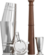 The Fortessa Crafthouse Shaker Set features a stainless steel shaker, strainer, jigger, and wooden muddler, all displayed upright against a white background.