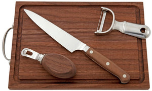 The Fortessa Signature Cocktail Garnishing Bar Tool Set includes a wooden cutting board, knife, vegetable peeler, and bottle opener—ideal for elevating your at-home mixology and creating an authentic cocktail experience.