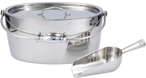 The Fortessa Crafthouse Oval Ice Bucket includes a lid, handle, and a matching metal ice scoop placed beside it.