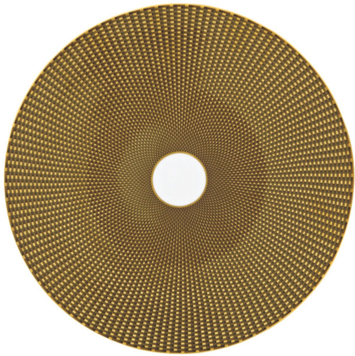 The Tresor Brown Charger Plate by Raynaud features a central hole and a pattern of concentric, radiating gold dots on a dark background, capturing the poetic beauty and exquisite craftsmanship for which Raynaud is renowned.
