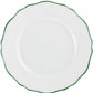 White ceramic plate with scalloped edge and green rim from above—a stunning piece from Raynaud’s Touraine Green Trim Dinnerware Collection, where artistry meets elegance.