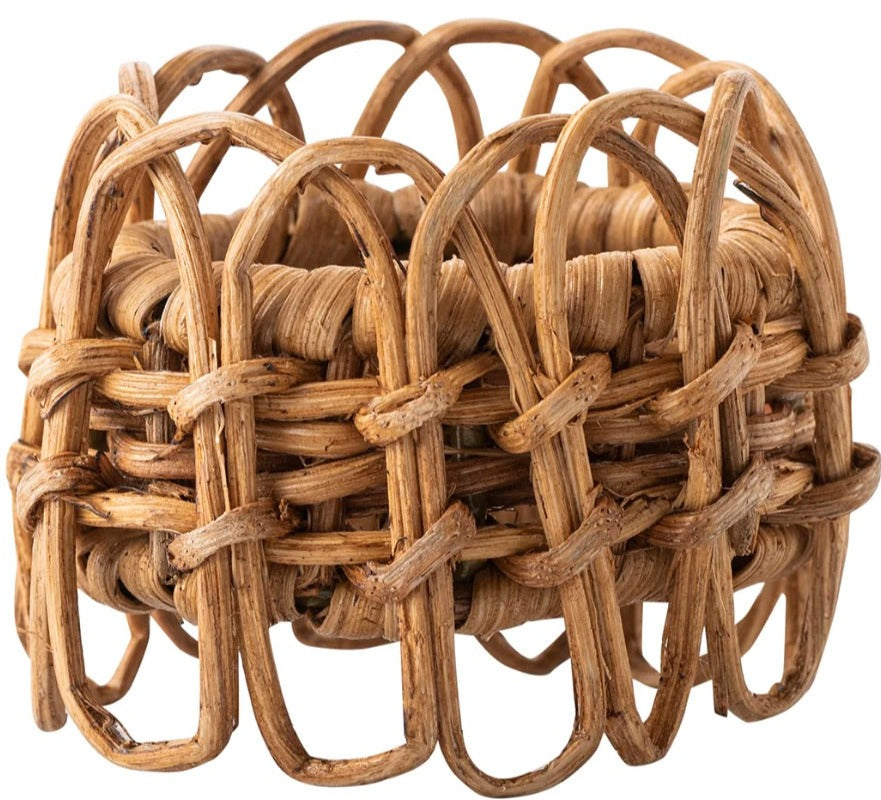 The Provence Napkin Ring by Juliska features a small, round, open-weave wicker design in light brown natural fibers—ideal for elevating your table setting or complementing hand-woven rattan décor.