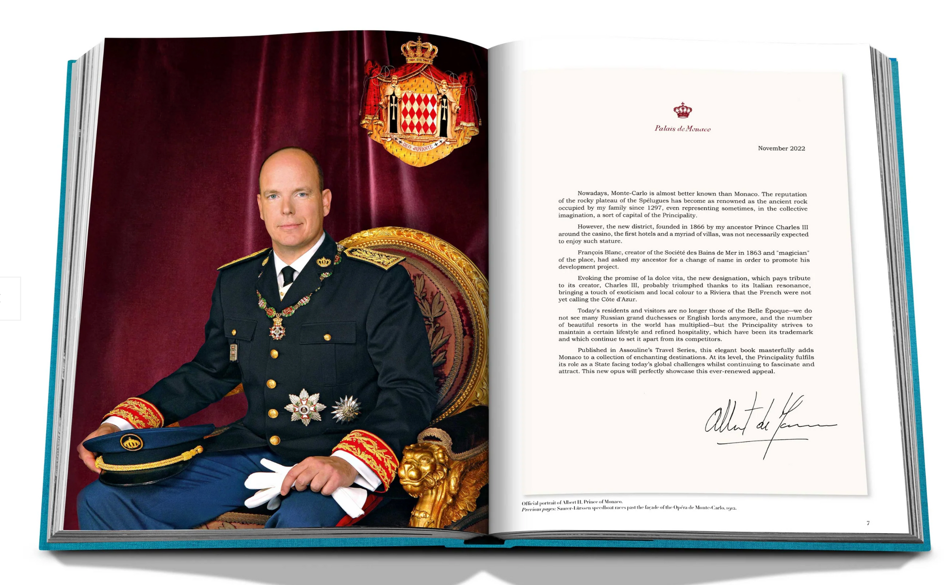 An open book displaying a formal portrait of a bald man in military dress uniform with decorations, seated next to a page of text with a signature at the bottom, possibly from the archives of the Prince’s Palace of Monaco by Assouline.