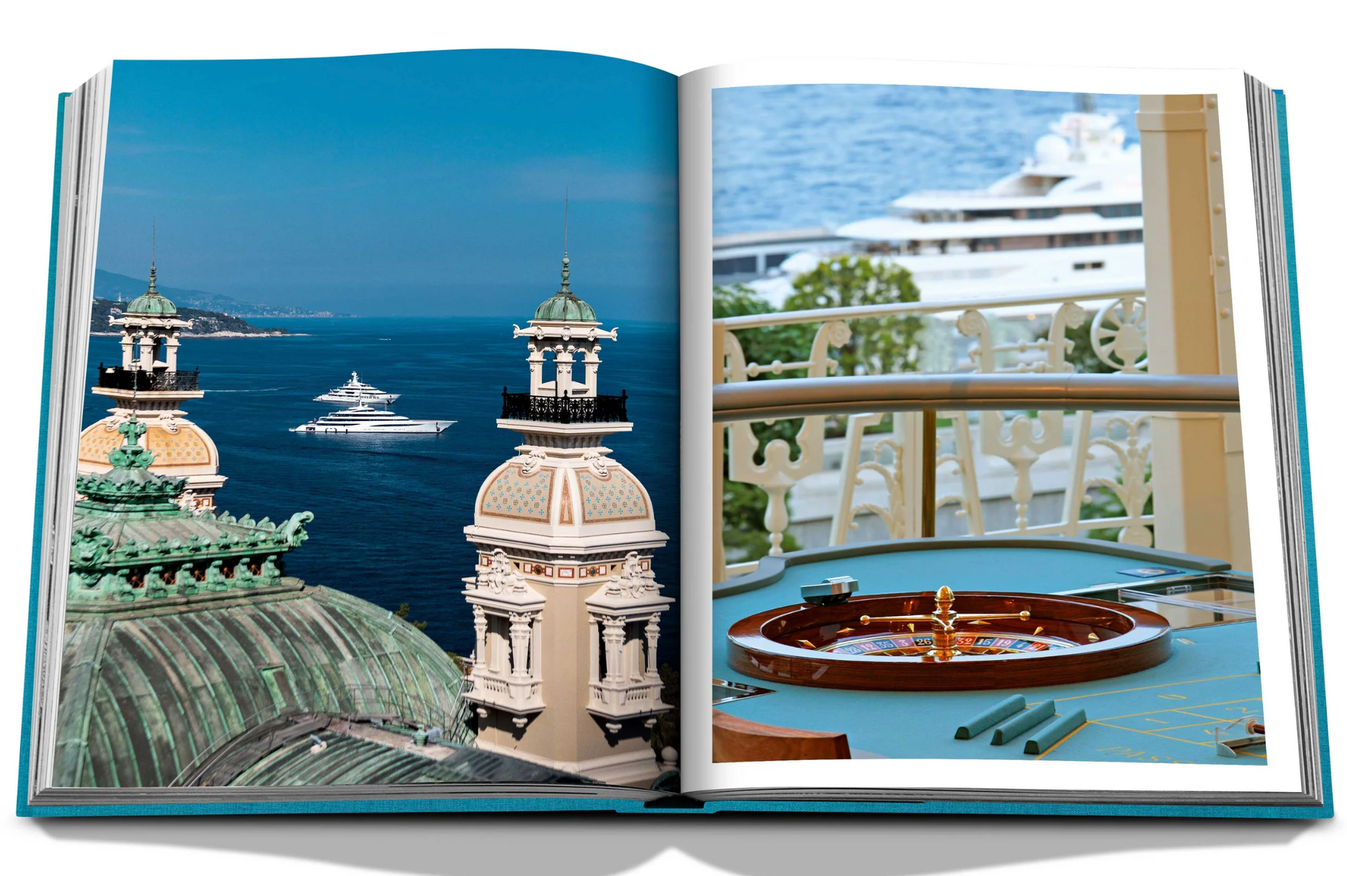 Open book showcasing a panoramic ocean view with yachts and the Prince’s Palace of Monaco on one page, and a luxury yacht deck scene on the opposite page, featuring the Monte Carlo by Assouline.