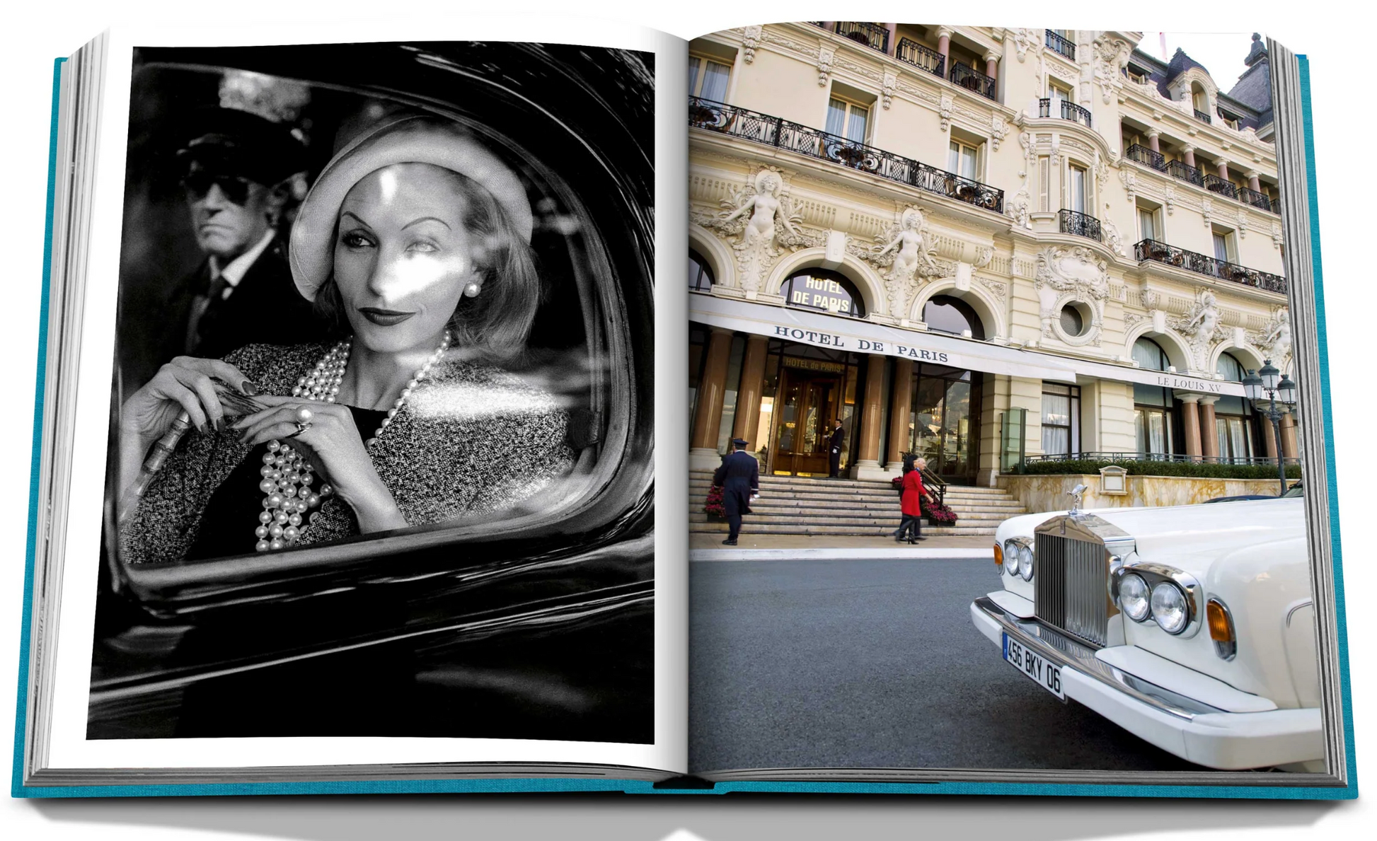 An Assouline book displaying a black and white photo of an elegant woman in a car on the left page, and a color photo of the Prince's Palace of Monaco exterior on the right page.