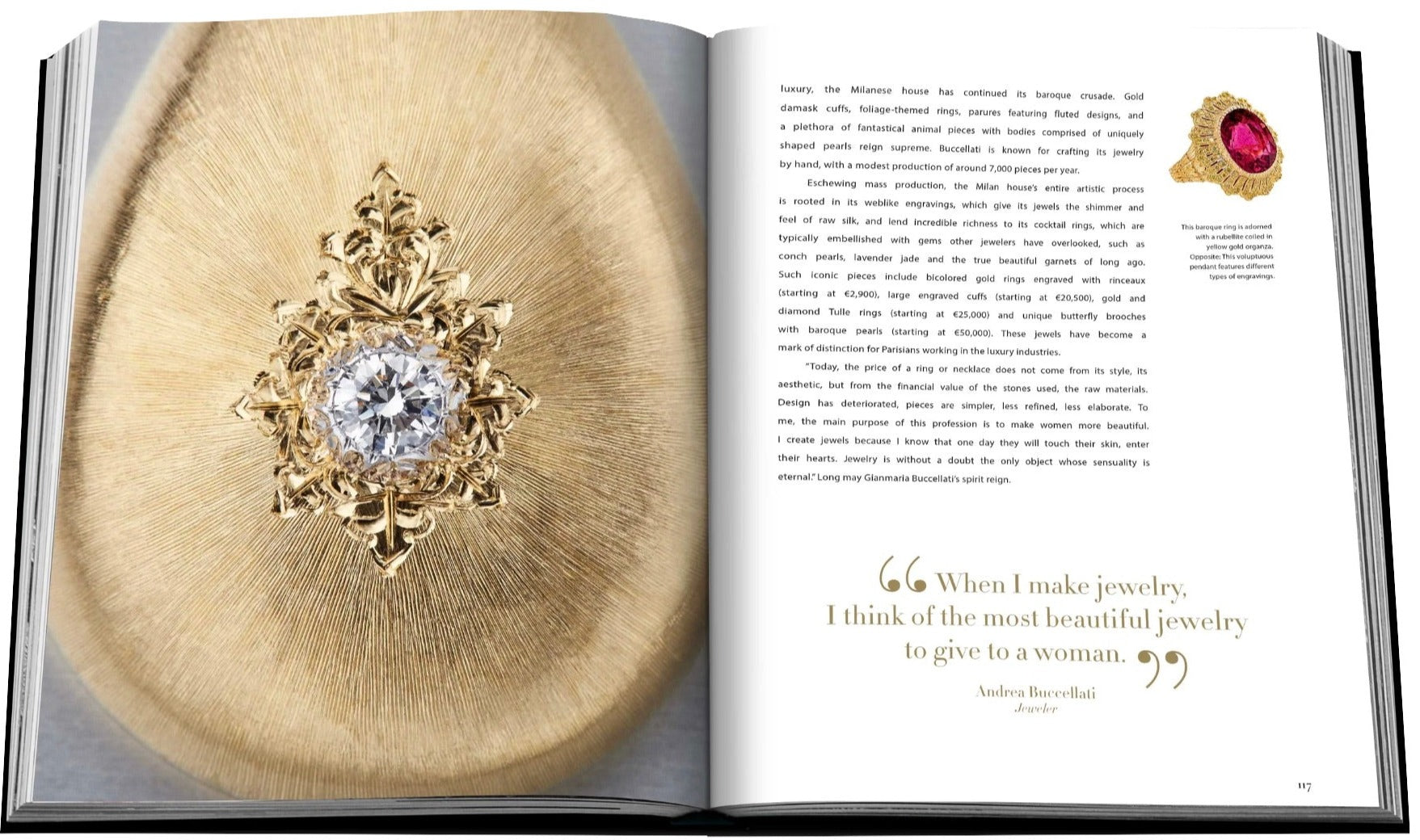An open book titled "Jewelry Guide: The Ultimate Compendium" by Assouline displays an ornate piece of jewelry with a large gemstone on the left page, crafted from gleaming precious metals, and text on the right page, ending with a quote attributed to Andrea Bucellari, a jeweler.