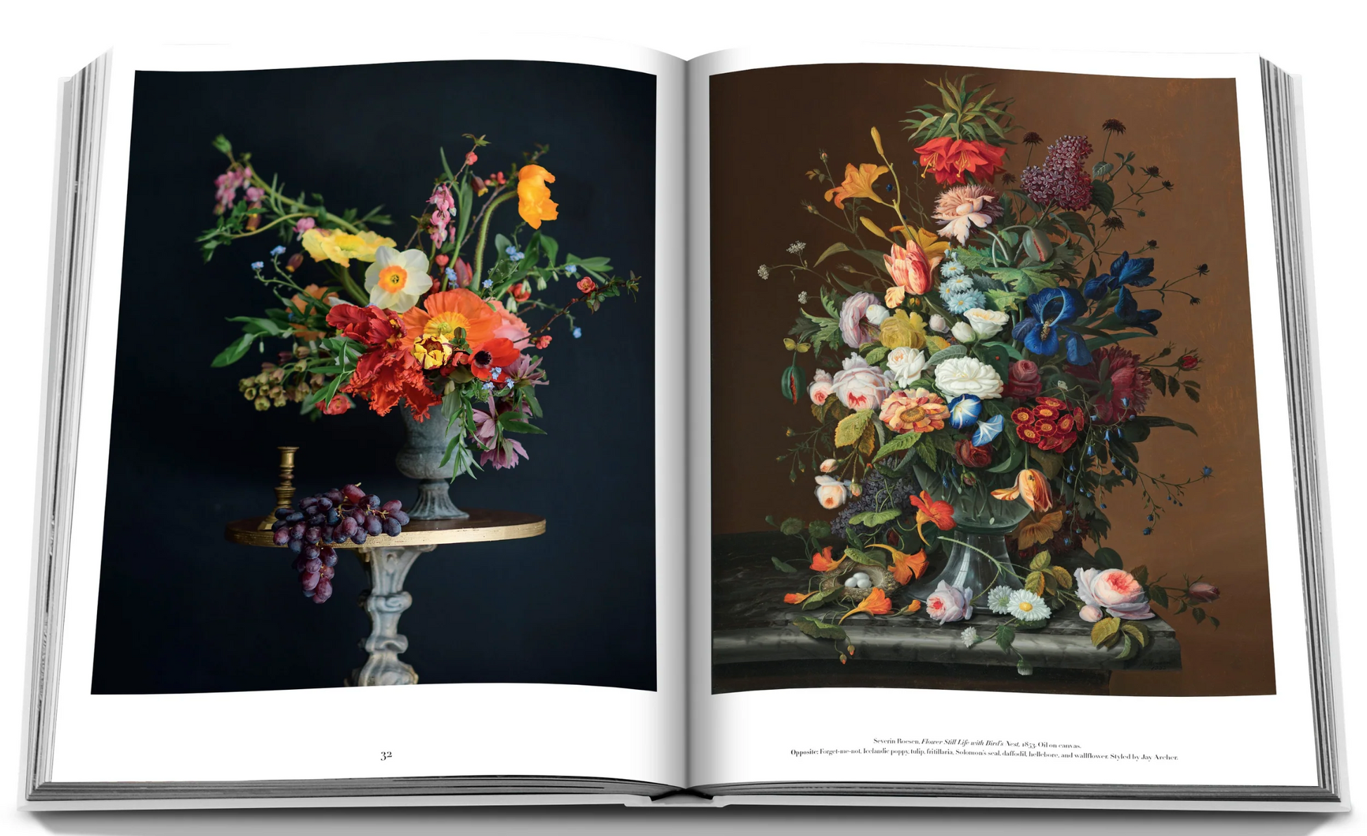 An open book exhibiting two pages with vibrant botanical illustration still-life paintings from Flowers: Art & Bouquets by Assouline on a dark background.