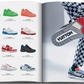 An open magazine displays a page of various shoes on the left and a close-up of a person’s foot showing the sole of a Louis Vuitton sneaker with "Vuitton" on the right, showcasing part of Assouline's Louis Vuitton Virgil Abloh Ultimate Edition.