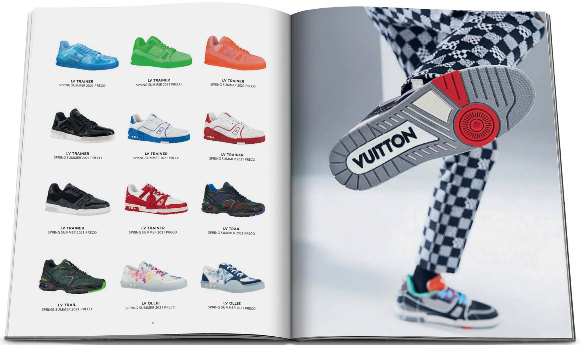 An open magazine displays a page of various shoes on the left and a close-up of a person’s foot showing the sole of a Louis Vuitton sneaker with "Vuitton" on the right, showcasing part of Assouline's Louis Vuitton Virgil Abloh Ultimate Edition.