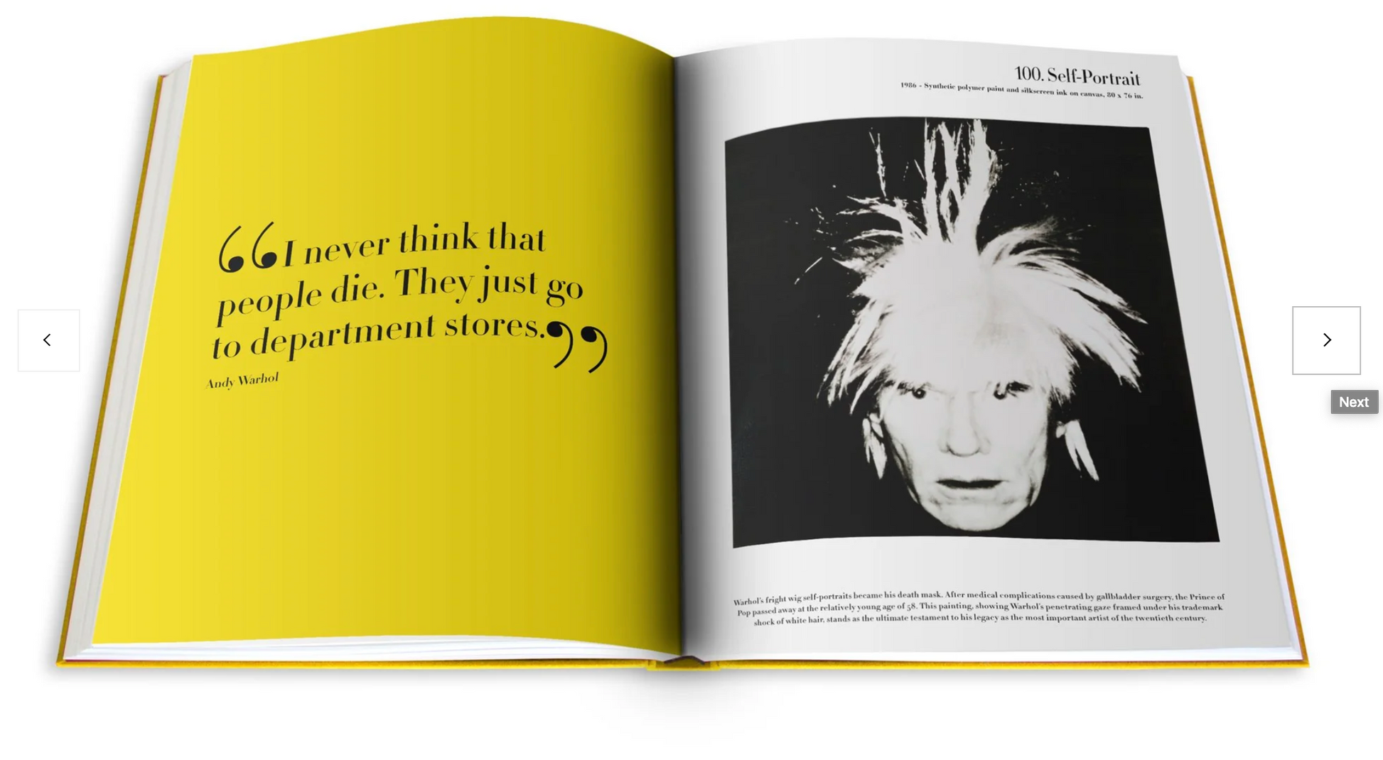 An open book featuring Andy Warhol, The Impossible Collection: Andy Warhol by Assouline, the iconic Pop Art artist.