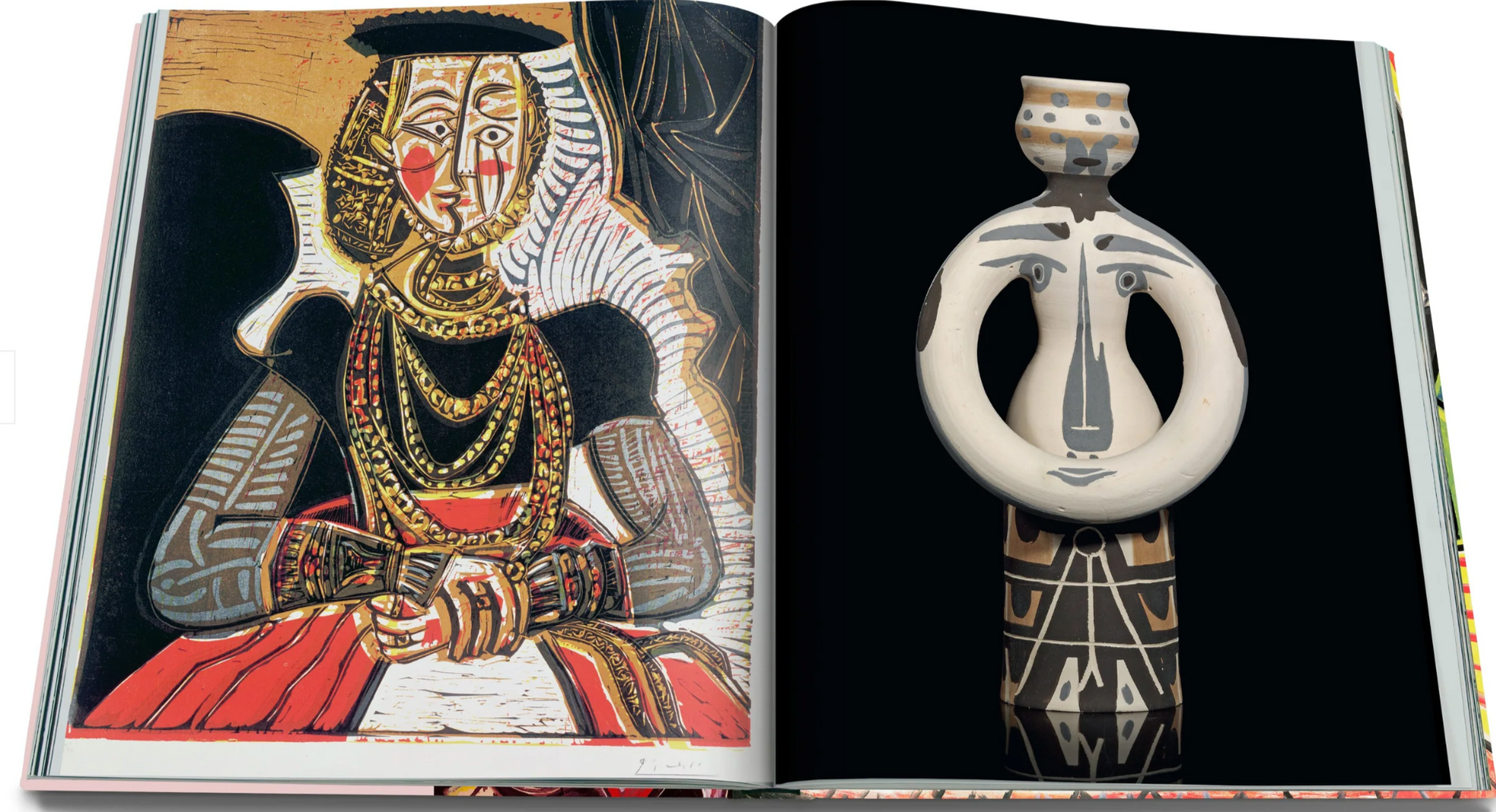 An open book displays a painting of a person intertwined with geometric patterns, set beside a sculpture echoing the sleek elegance of Italian design, reminiscent of the Riva Aquarama's iconic style by Assouline.