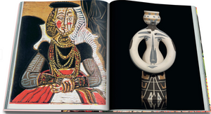 An open book displays a painting of a person intertwined with geometric patterns, set beside a sculpture echoing the sleek elegance of Italian design, reminiscent of the Riva Aquarama's iconic style by Assouline.
