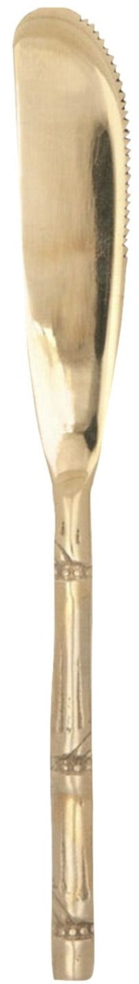 The Blue Pheasant Liliana Polished Gold Bamboo Cheese Spreader features a curved metal blade, serrated edge for easy spreading, and a textured bamboo handle for island-inspired flair.