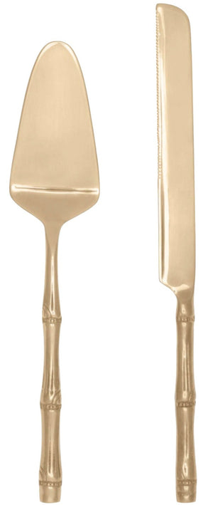 The Blue Pheasant Liliana Polished Gold Cake Serving Set features a pie server and knife with bamboo-style handles, shown side by side on a white background for a sophisticated touch and subtle island flair.