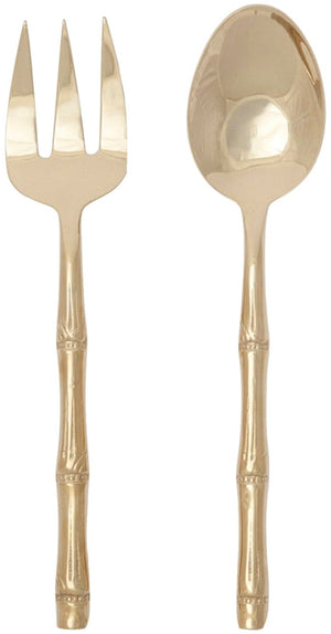The Blue Pheasant Liliana Polished Gold Bamboo Serving Set features a serving fork and spoon with bamboo-inspired handles, crafted from durable stainless steel for elegant entertaining.