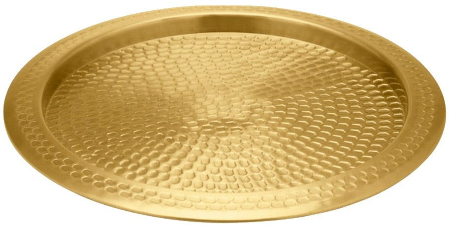 The Conway Antique Brass Round Tray by Blue Pheasant features a raised edge and hammered texture, crafted from antique brass for an elegant touch.