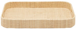 The Barth Natural Raffia Rectangular Tray by Blue Pheasant features raised edges, a light tan hue, and shallow woven construction—ideal as a patio-ready accent or for serving drinks on your Barth bar.