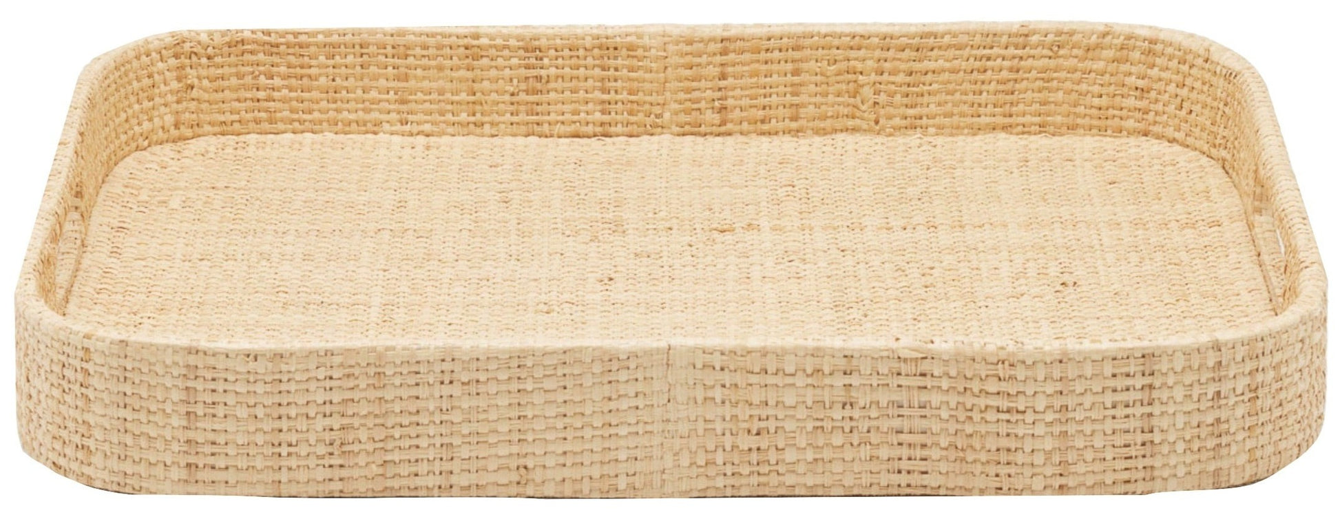 The Barth Natural Raffia Rectangular Tray by Blue Pheasant features raised edges, a light tan hue, and shallow woven construction—ideal as a patio-ready accent or for serving drinks on your Barth bar.