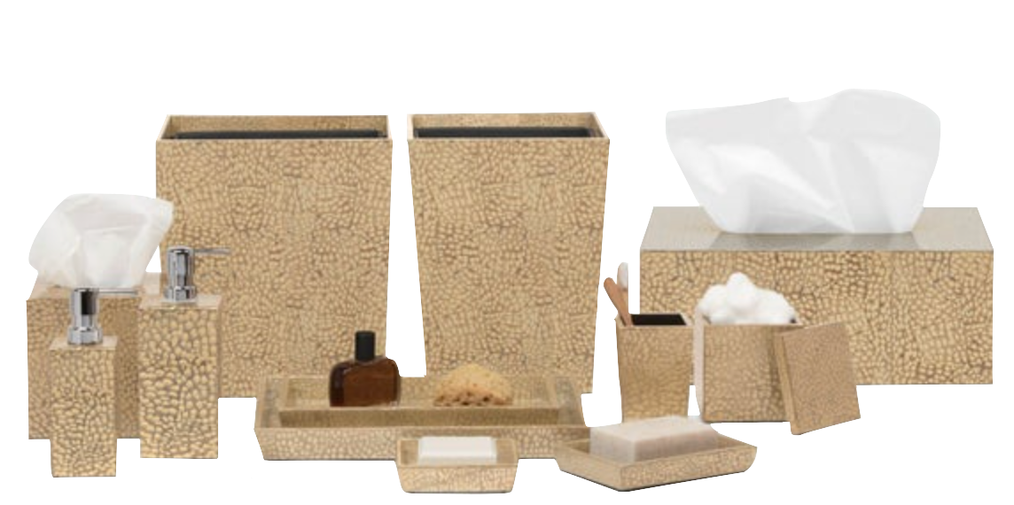 The Callas Bath Collection by Pigeon & Poodle offers a coordinated beige set featuring tissue boxes, soap dispensers, trays, toothbrush holders, containers, and waste bins with an elegant mosaic and pebble-textured design.