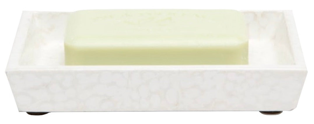 A rectangular white soap dish from Pigeon & Poodle's Callas Bath Collection displays a light green bar of soap, bringing elegant mosaic style to your bathroom décor.