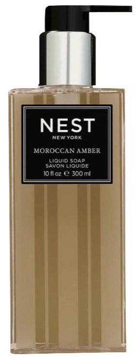Nest Moroccan Amber Liquid Soap comes in a rectangular 10 fl oz (300 ml) bottle with a pump, featuring patchouli and bergamot, and a sleek black and silver label.