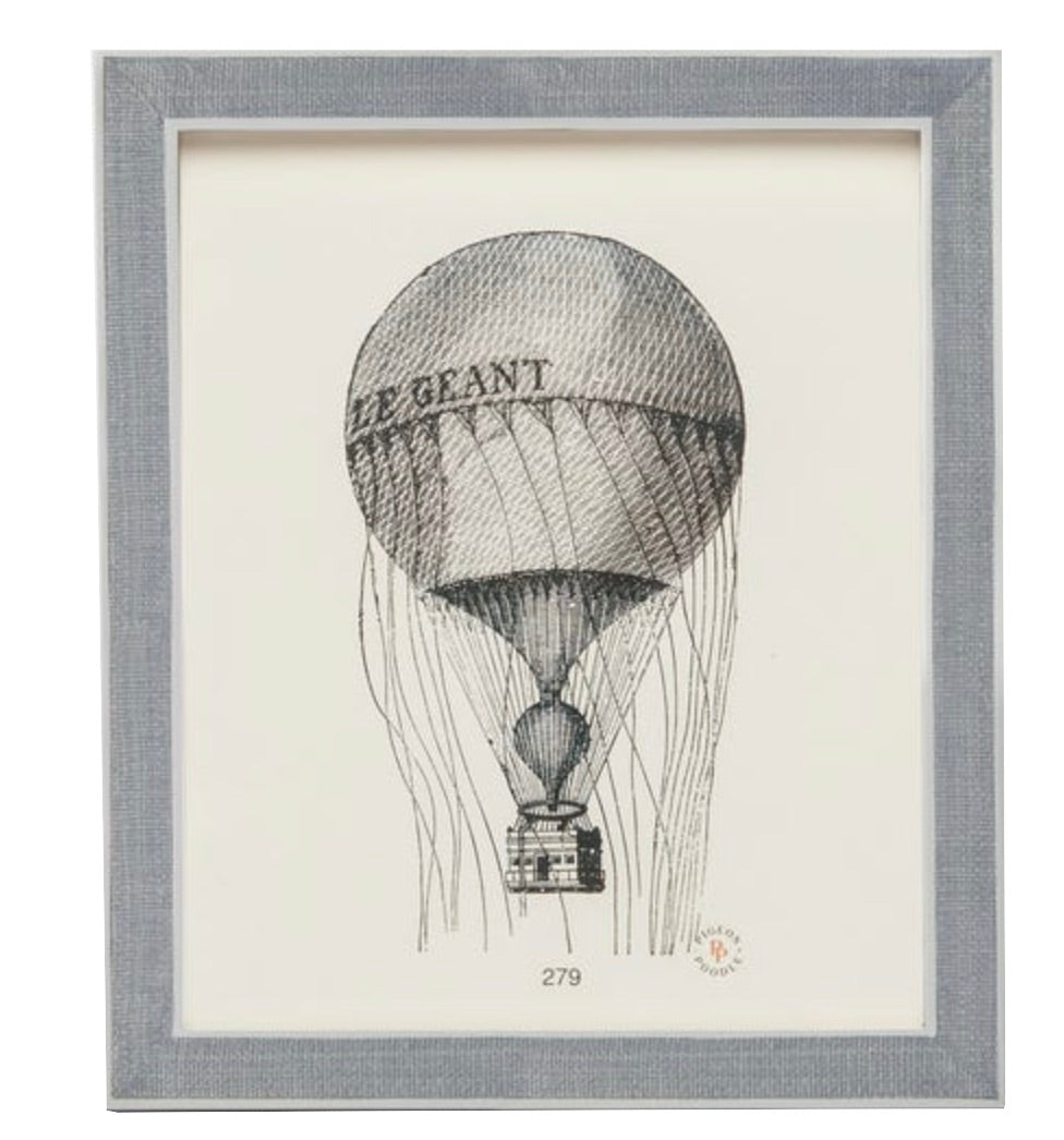Framed black and white "LE GEANT" hot air balloon illustration, with basket and ropes, set against a plain background in an elegant Aberdeen Frame Collection by Pigeon & Poodle.